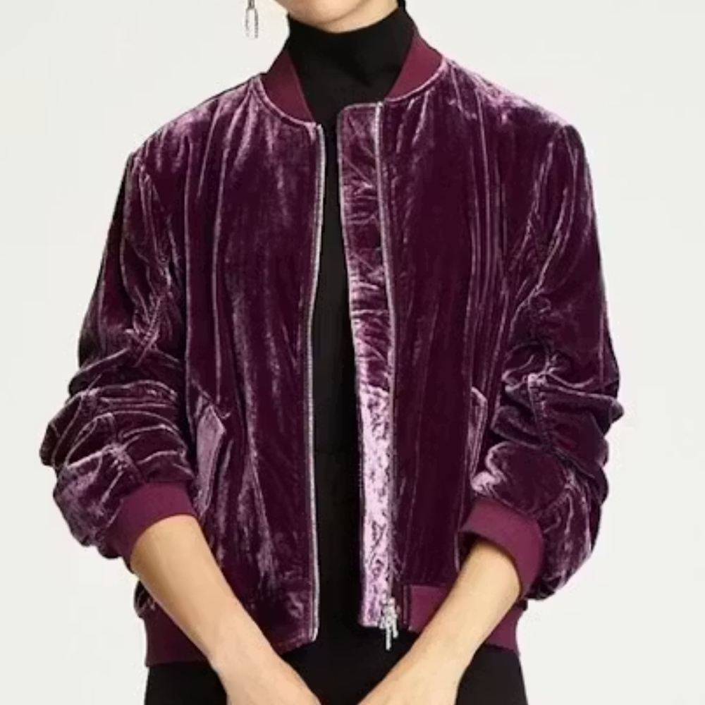 Rebecca Minkoff Kaya Velvet Ruched Sleeved Back Zip Rayon Viscose Bomber Jacket